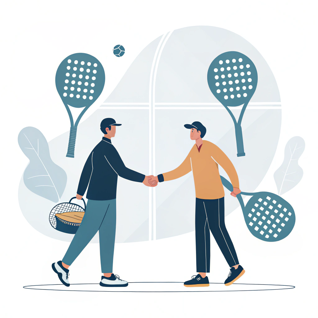 Minimalistic 2D illustration depicting strategic OEM padel partnership with rackets and handshake symbolism.