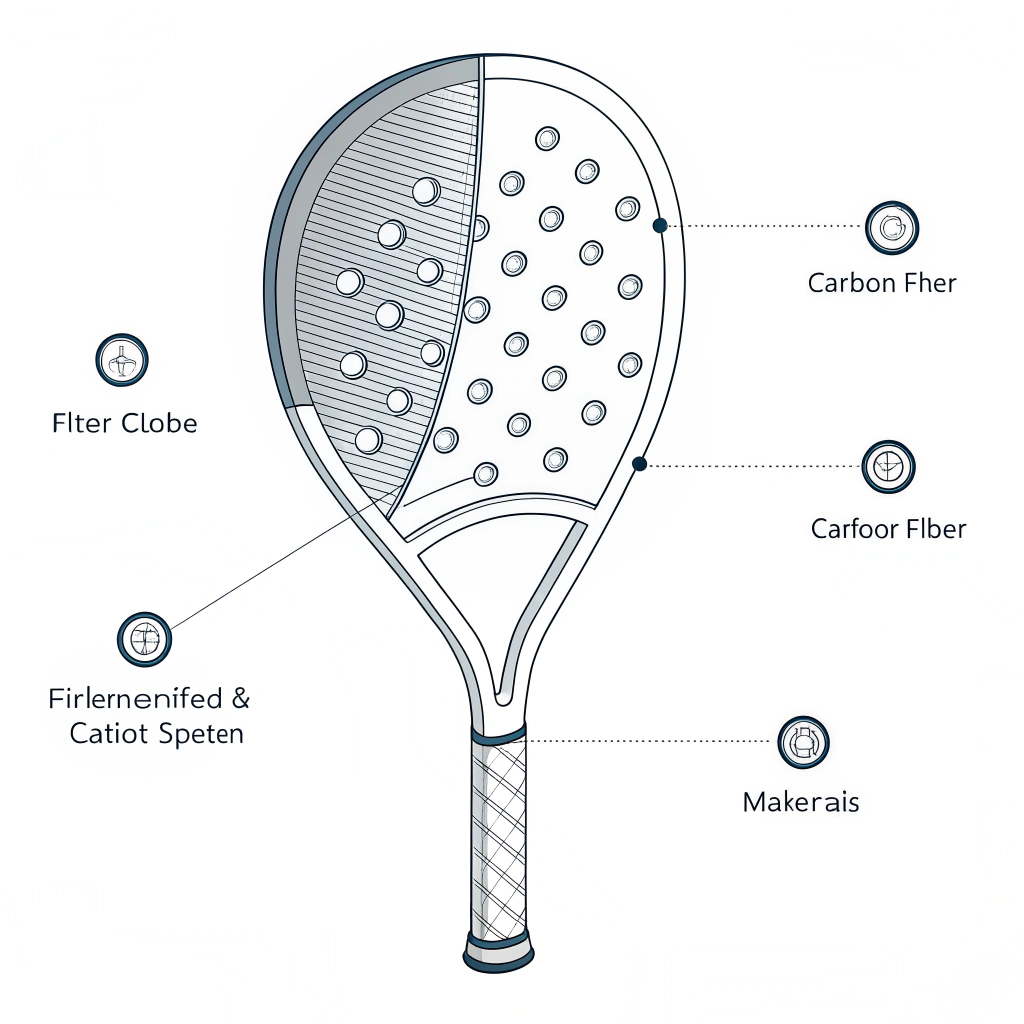 2D minimal exploded view of a padel racket showing material components