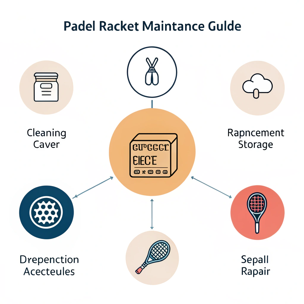 Minimalist illustration of padel racket maintenance steps with clear icons