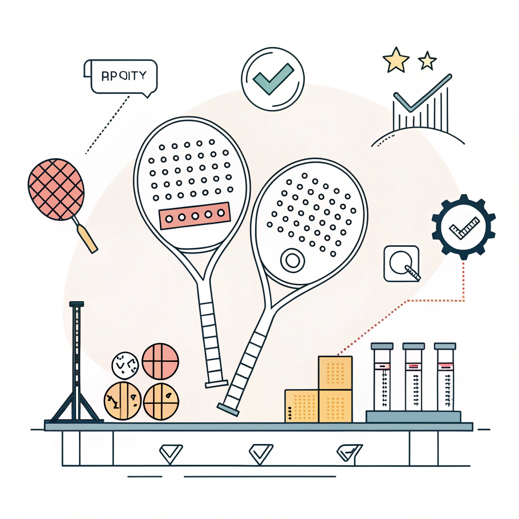 Minimalistic 2D illustration of padel racket quality control in production.