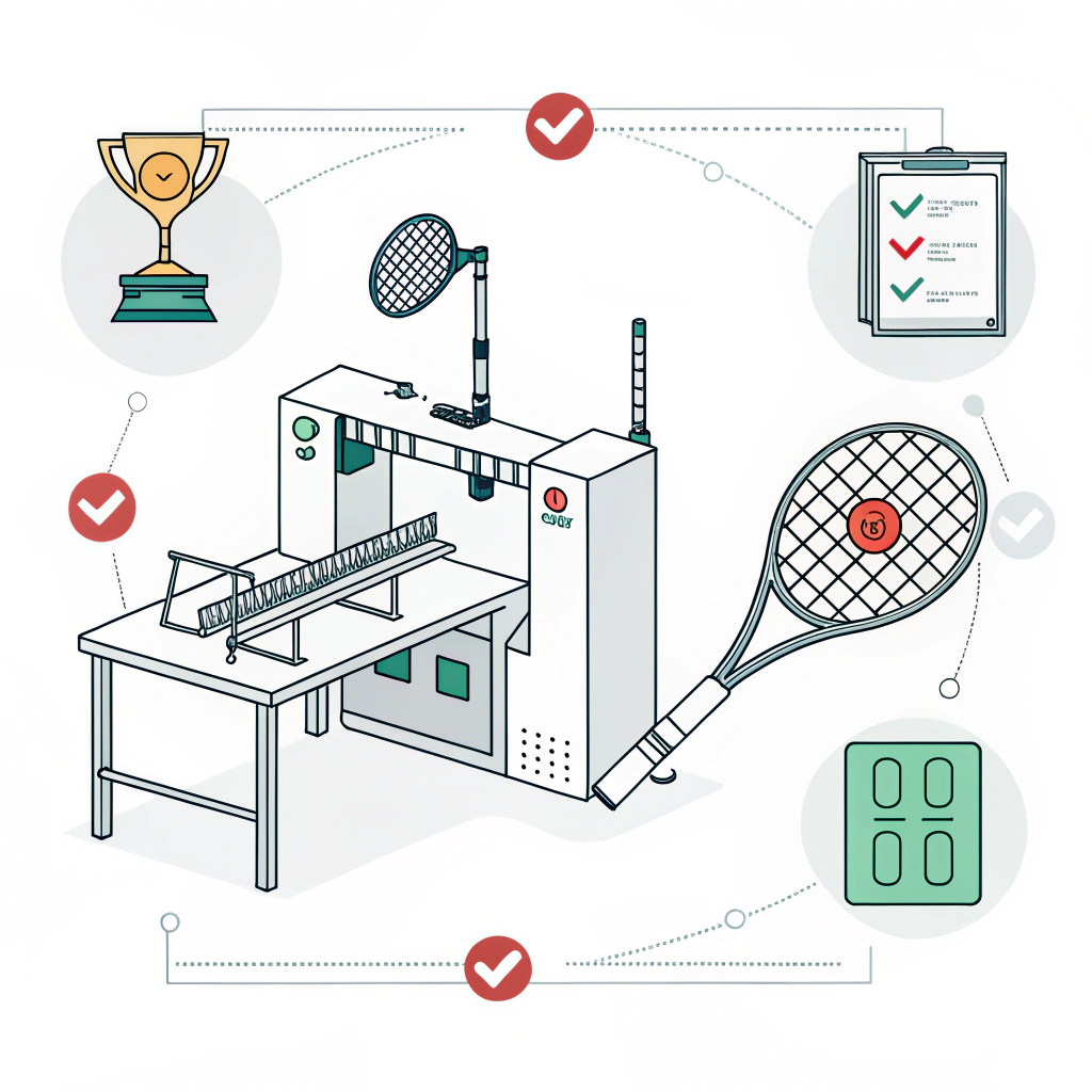 Minimalistic illustration of padel racket inspection and CNC production quality checks.