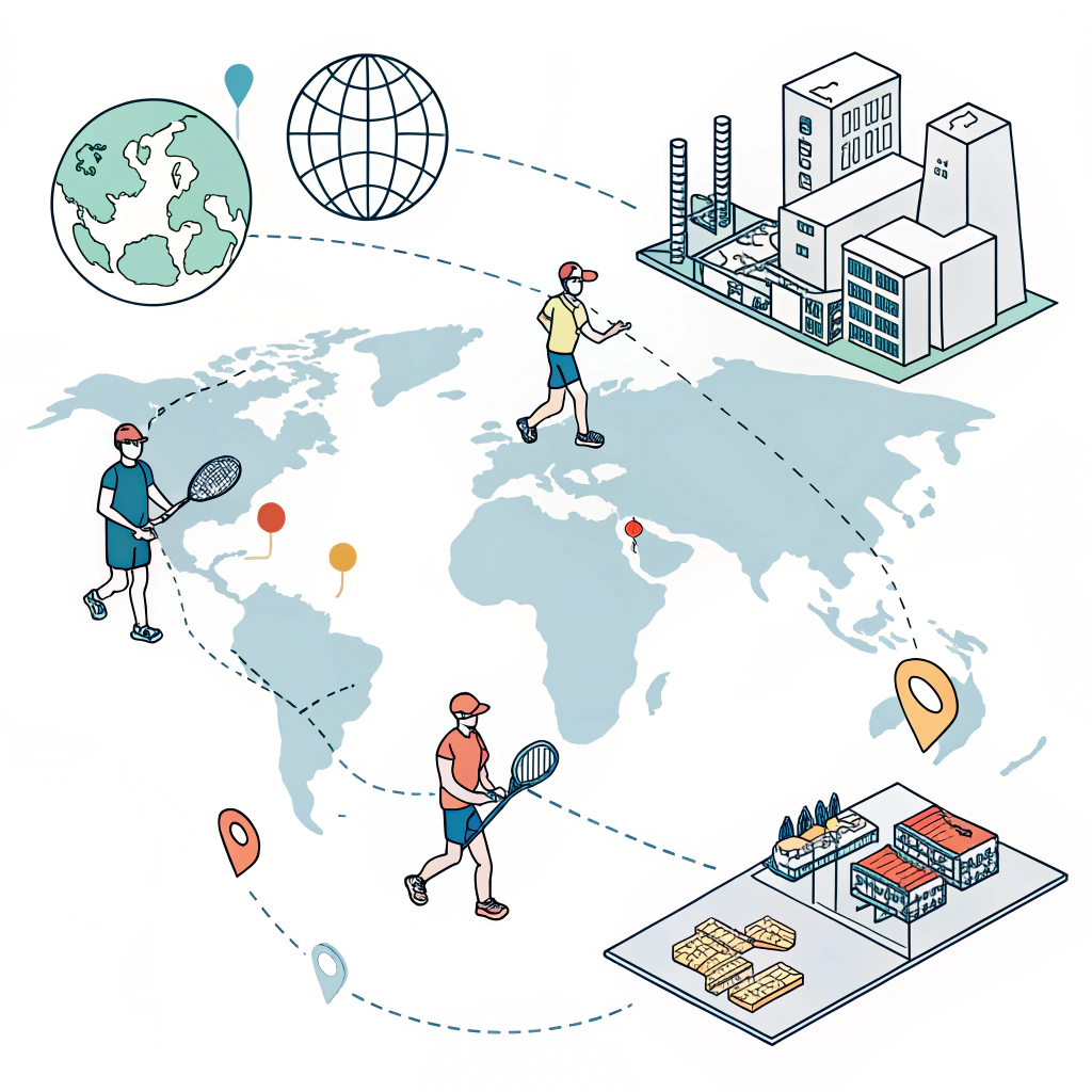 Minimal 2D depiction of global expansion and technology in the padel market.