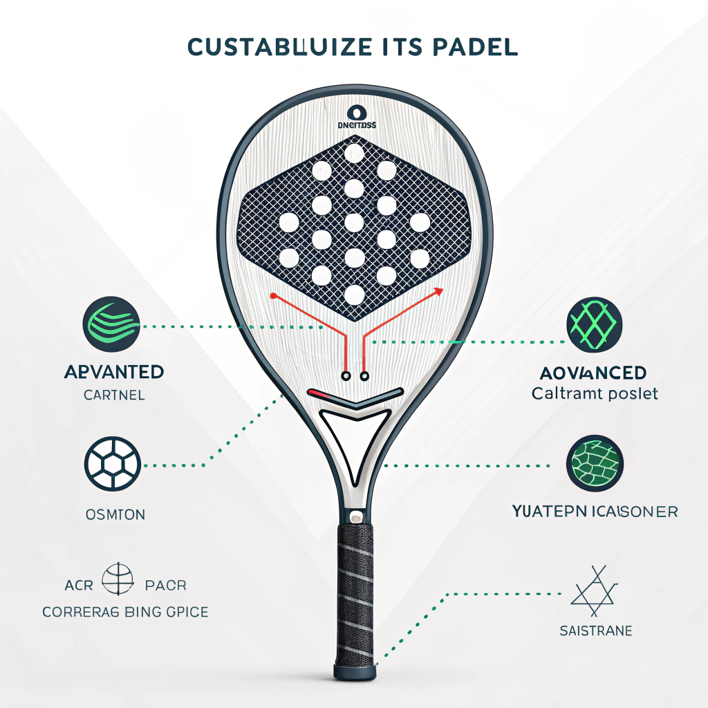 Minimalist 2D illustration of a custom padel racket design featuring advanced materials and vibrant branding accents.
