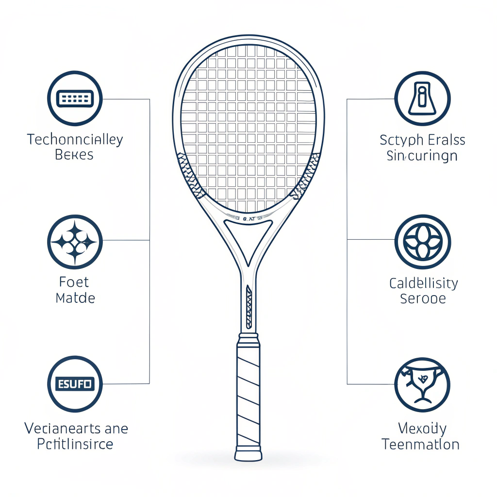 Minimalist illustration of a padel racket handle with technical icons and blueprint style