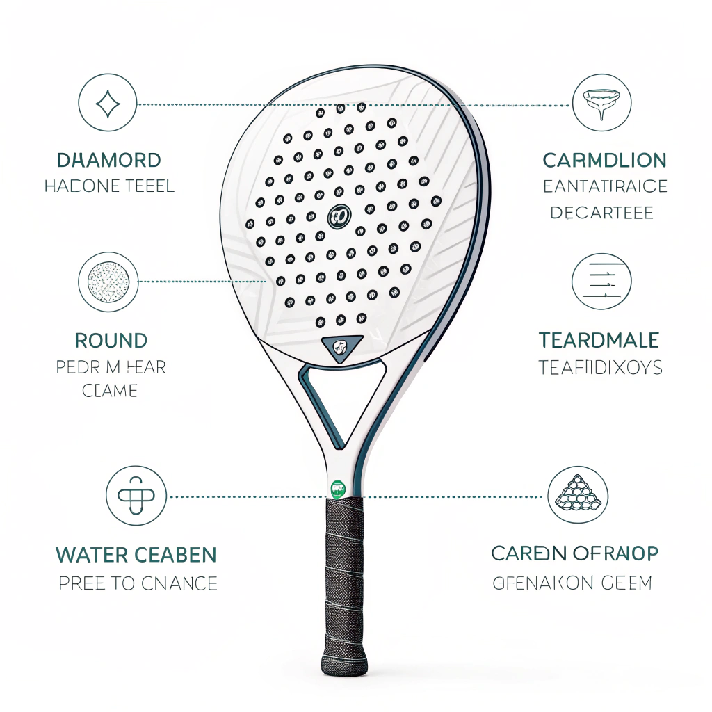 Minimal 2D illustration of a high-performance padel racket with creative, customizable design features