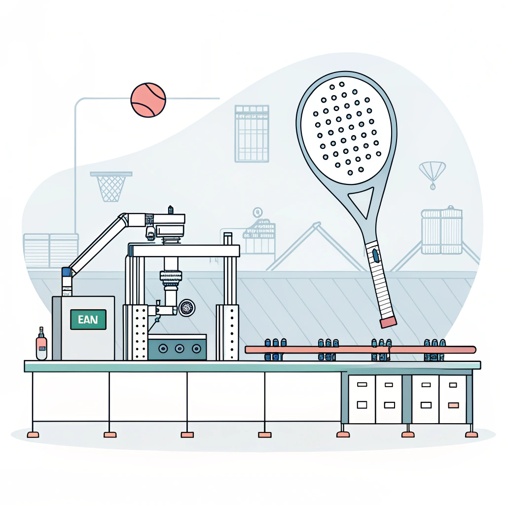 Minimalistic illustration of a high-tech padel racket manufacturing process.
