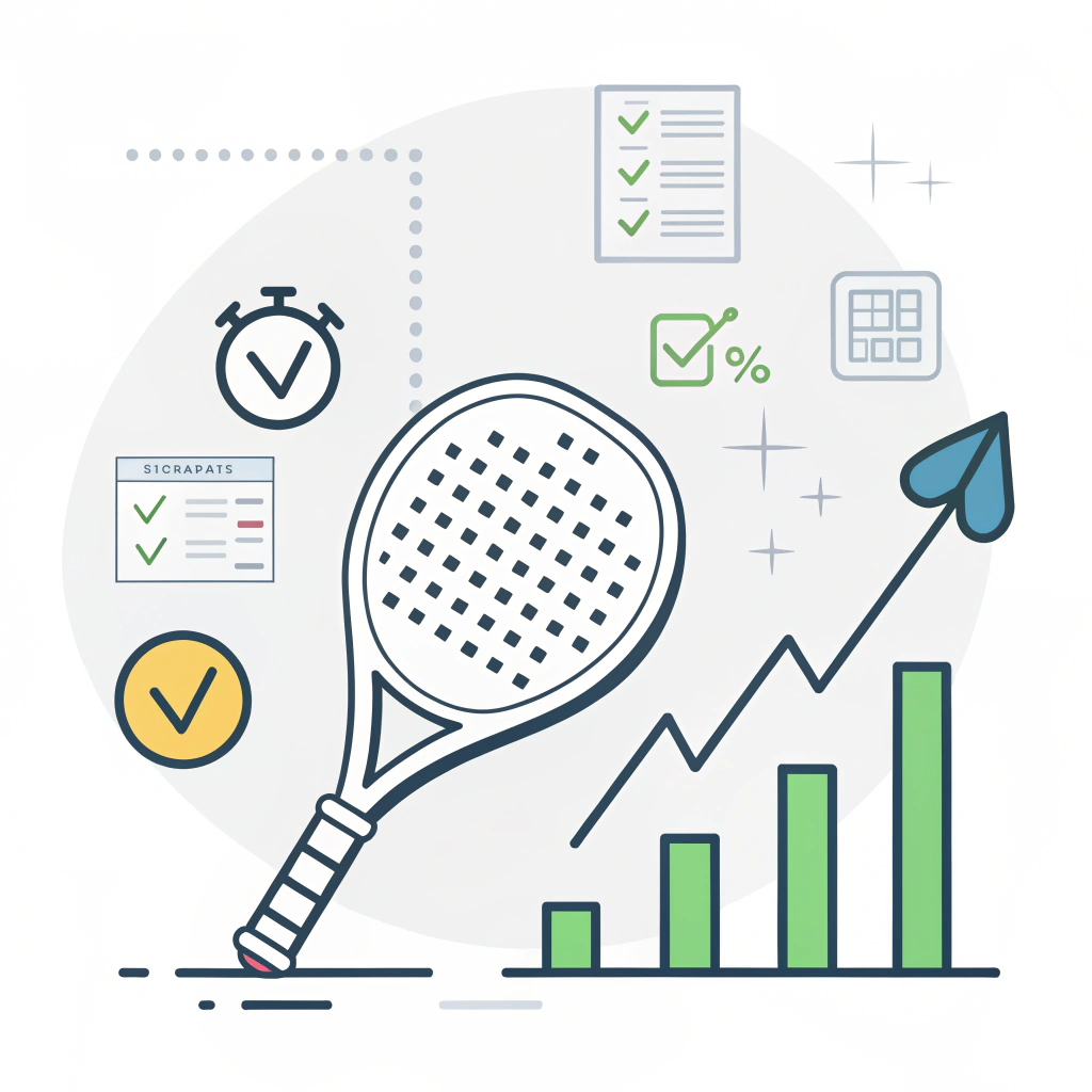 Minimal illustration of a padel racket with quality control symbols.