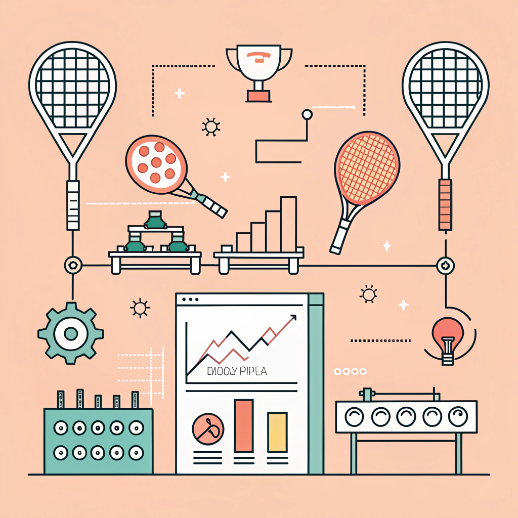 Minimalist flat design of padel rackets with automated quality control icons in a production setting.