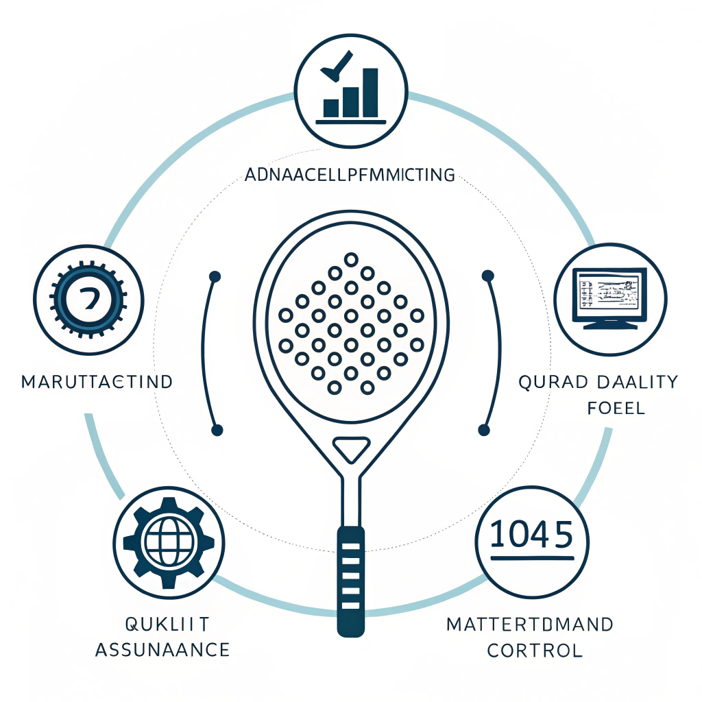 Flat style illustration showing advanced production and quality control for padel equipment