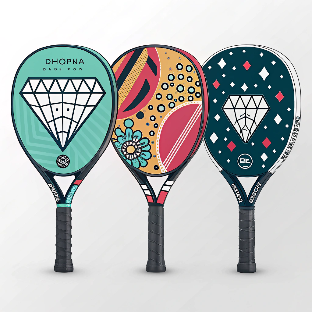 Minimalist illustration of custom padel rackets with varied shapes and vibrant colors