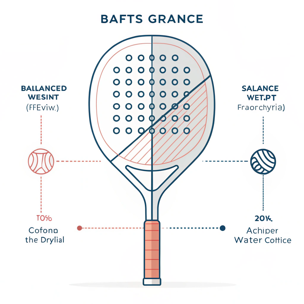 minimal 2D illustration of a padel racket with balanced weight distribution and technical icons
