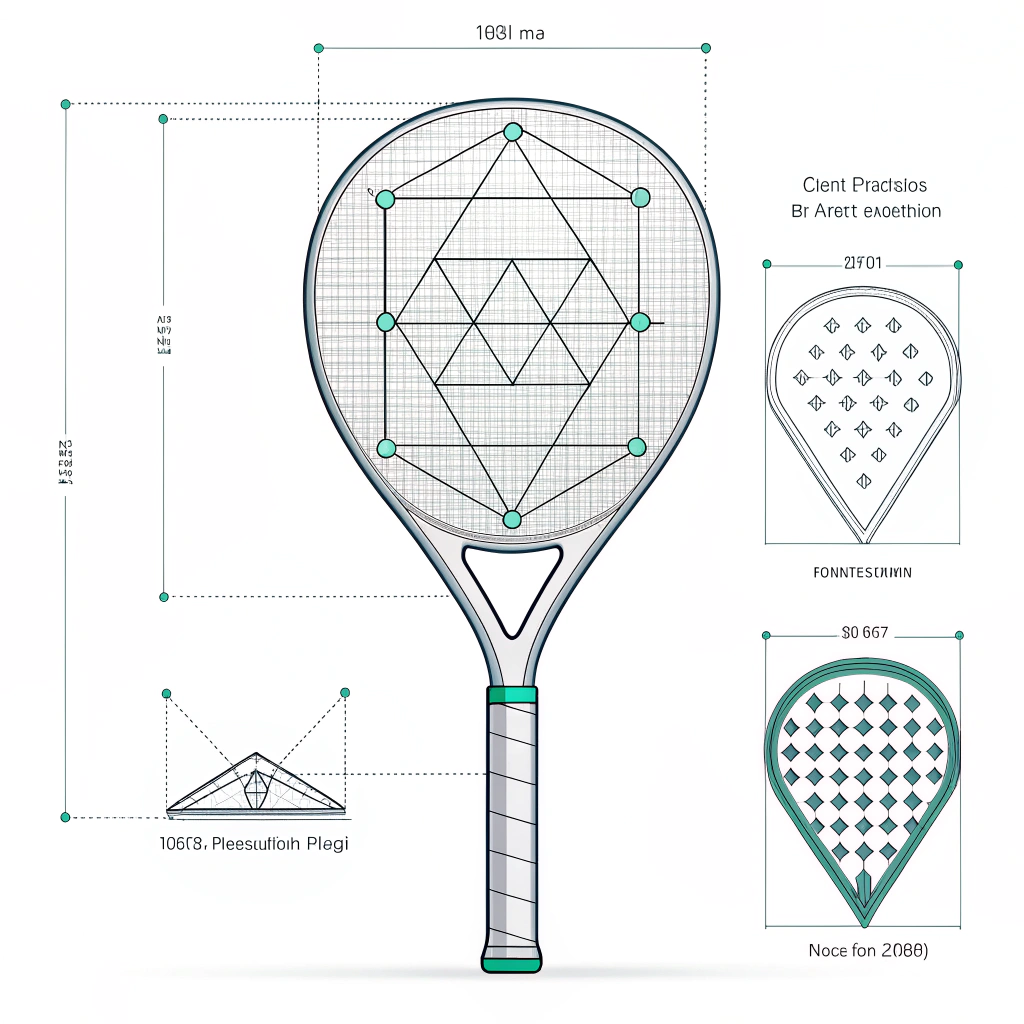 Minimalist vector illustration of a digital padel racket prototype in CAD style