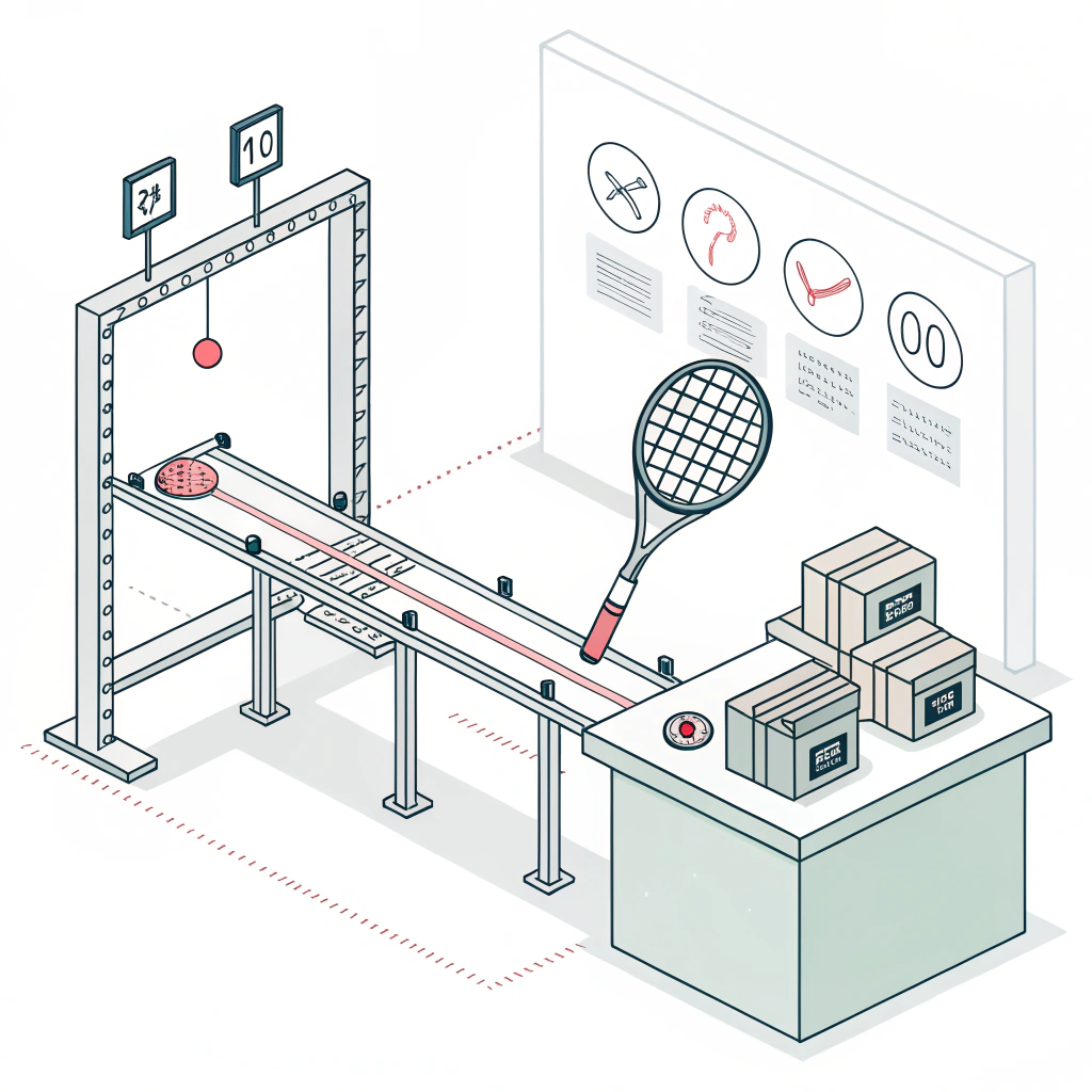 Simplified 2D illustration of a padel racket assembly and testing process