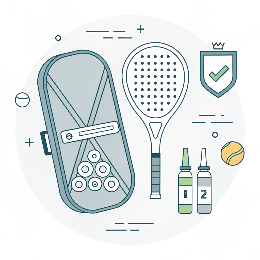 Minimal flat illustration showing padel racket with protective gear and maintenance environment