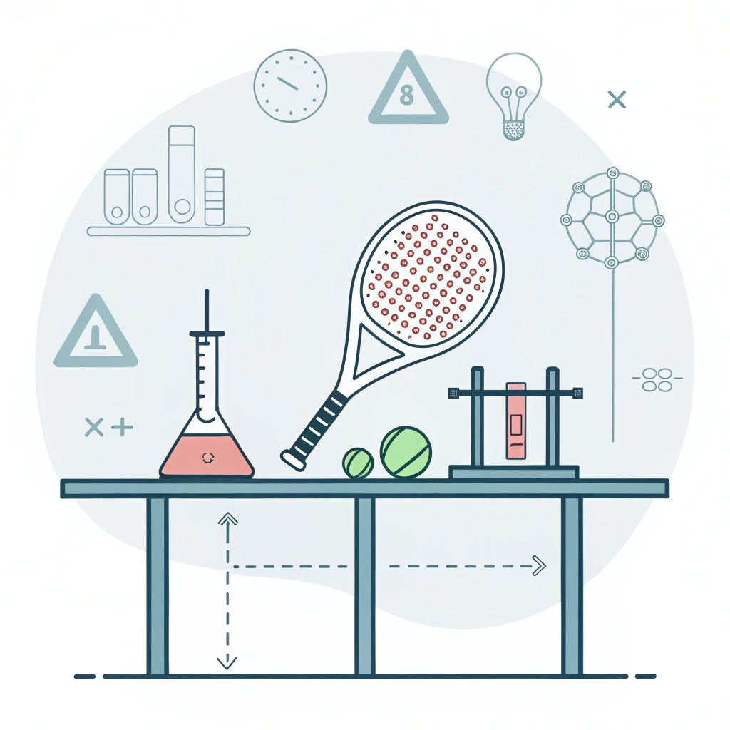 Minimal flat illustration of a padel racket in a lab testing environment with simple icons.