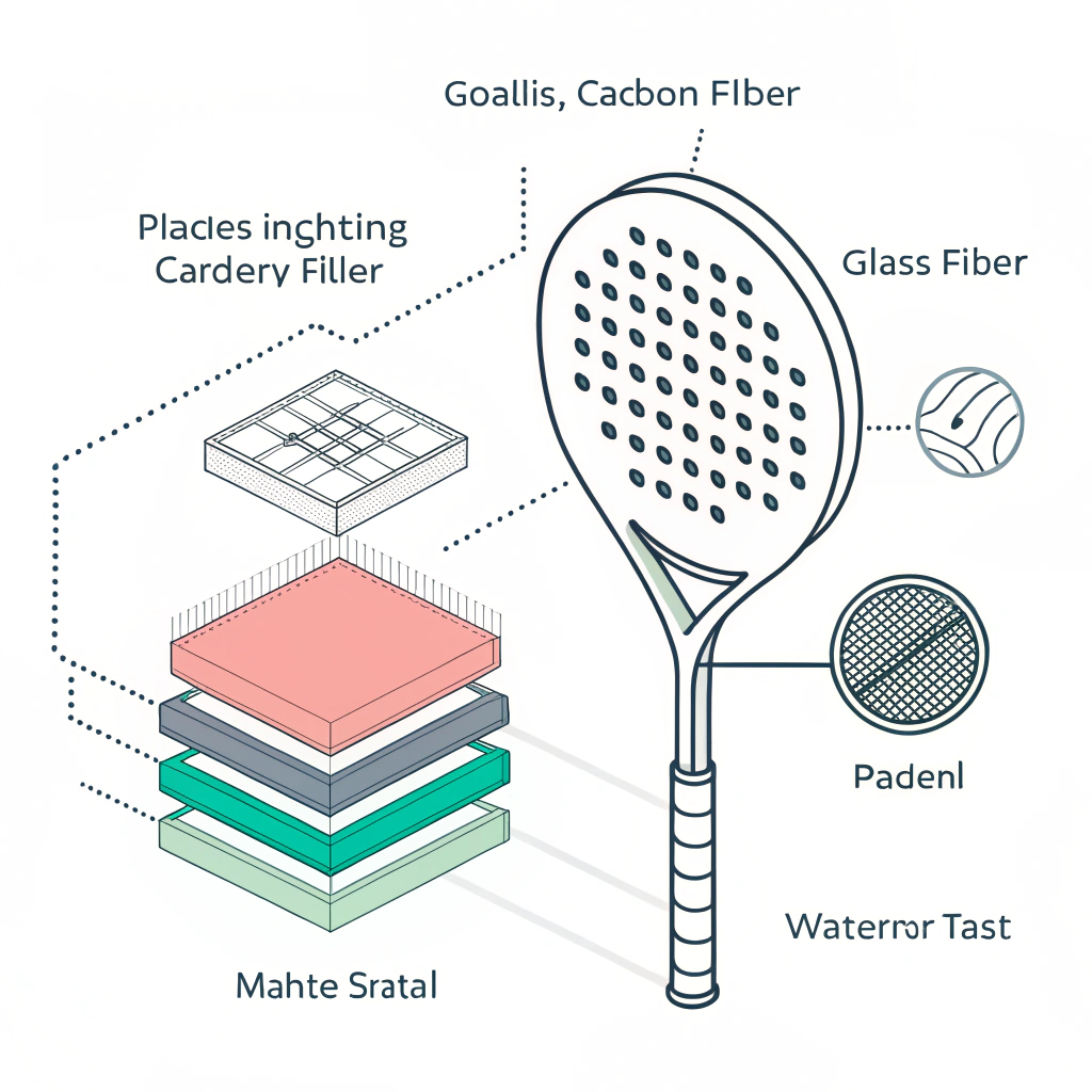 Minimalist 2D exploded view of padel racket with layered material details and icons.