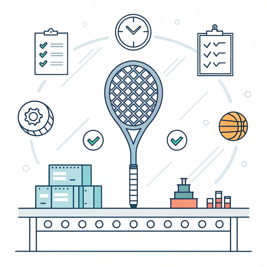 2D minimalist illustration depicting padel racket production with supply chain and quality check icons