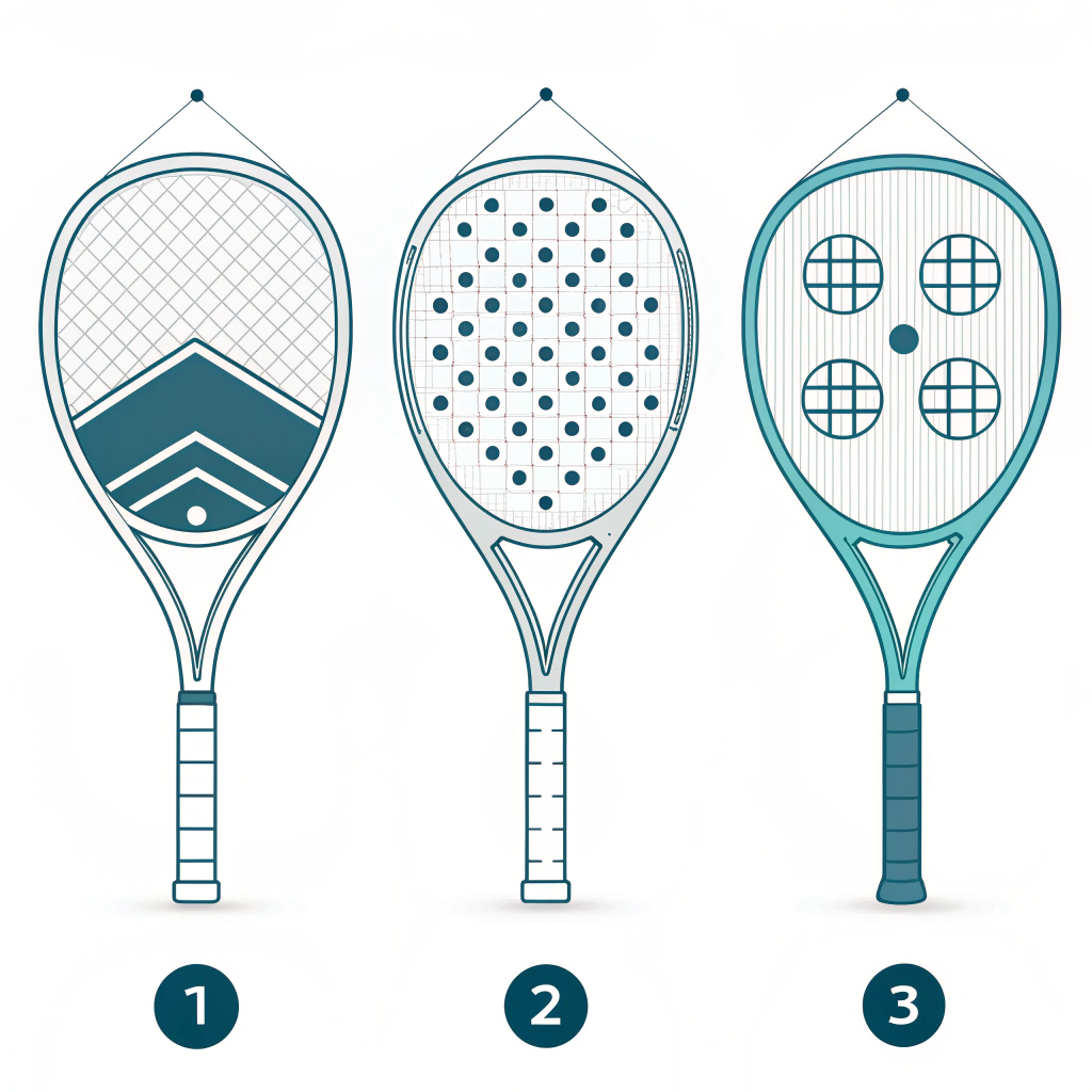 Minimal illustration showing diamond, round, and teardrop padel racket shapes.