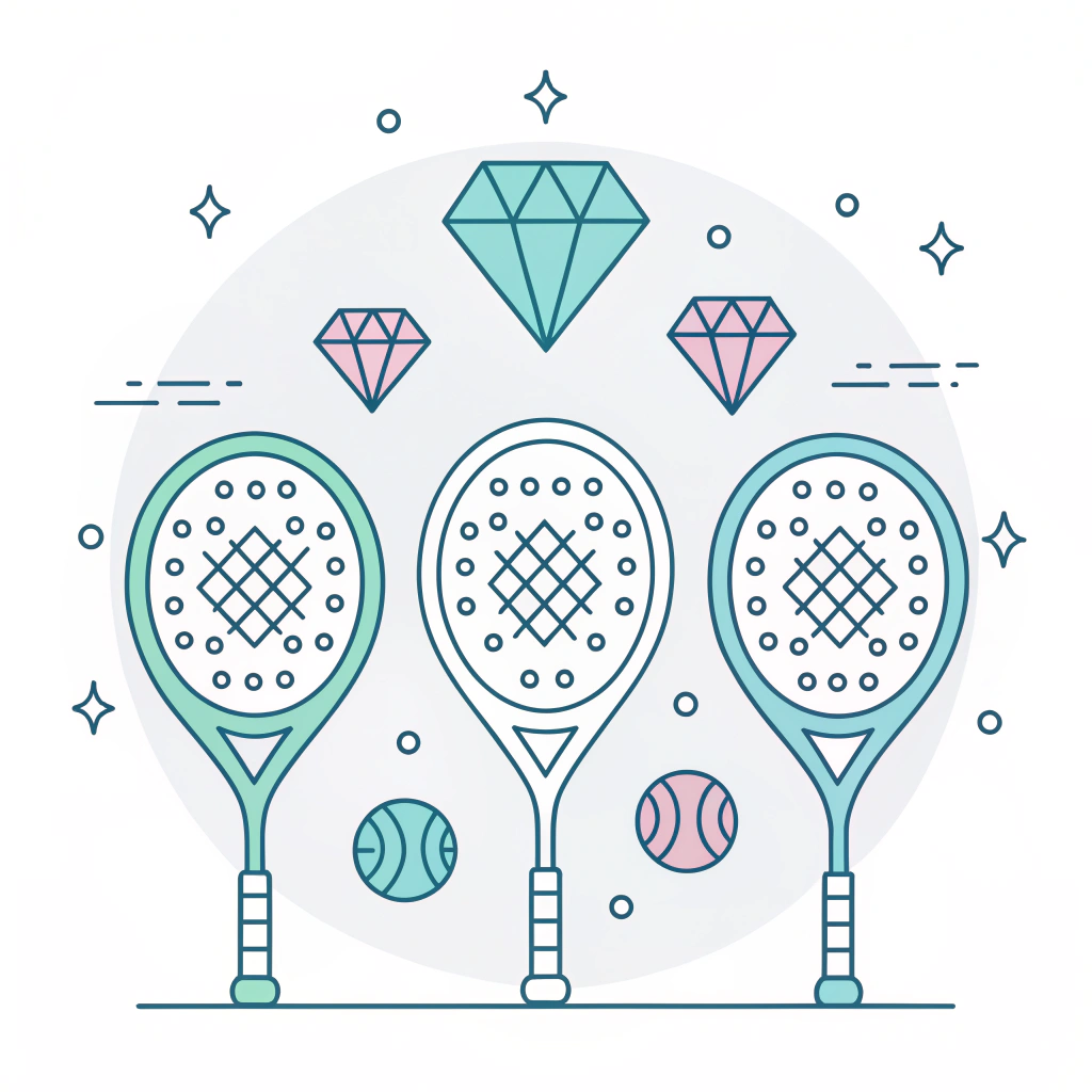 minimal illustration of diverse padel racket shapes in pastel flat design