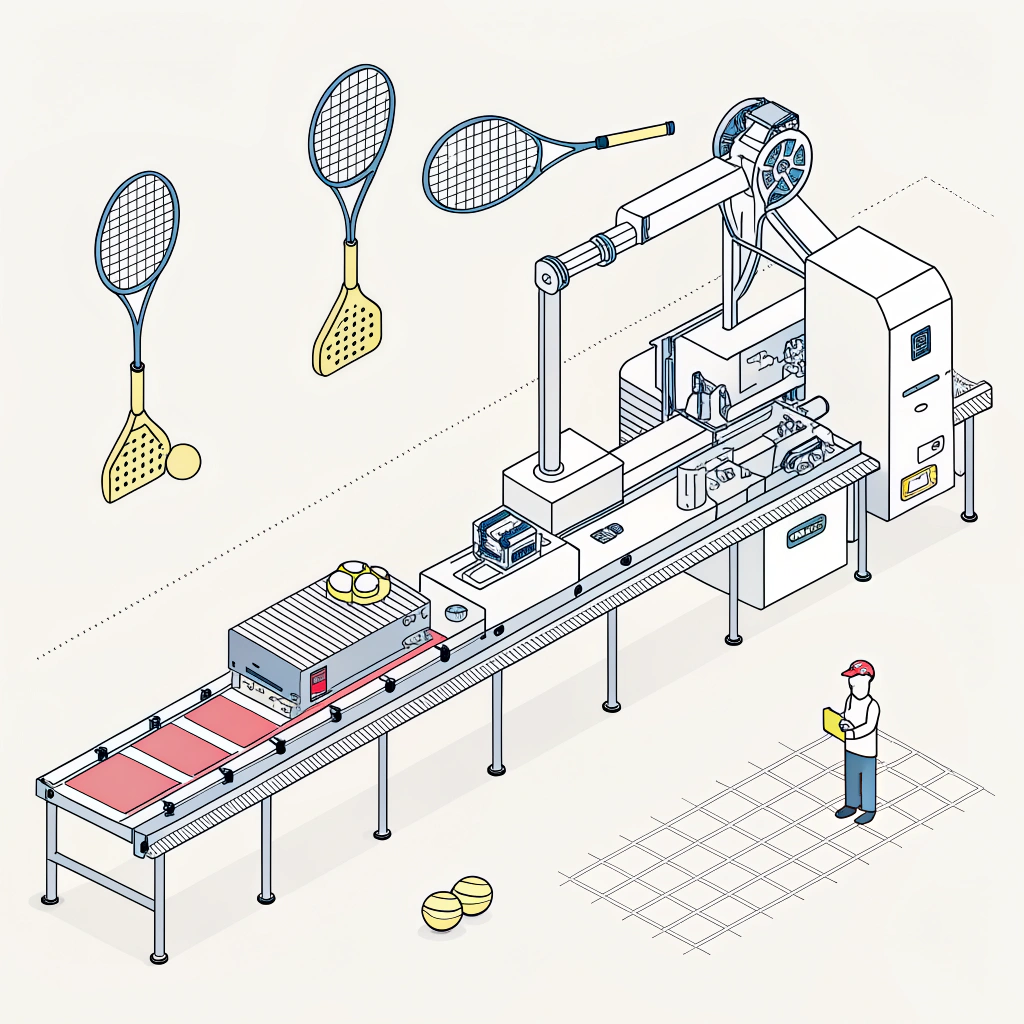 2D illustration depicting a streamlined padel racket production line with efficiency and quality emphasis