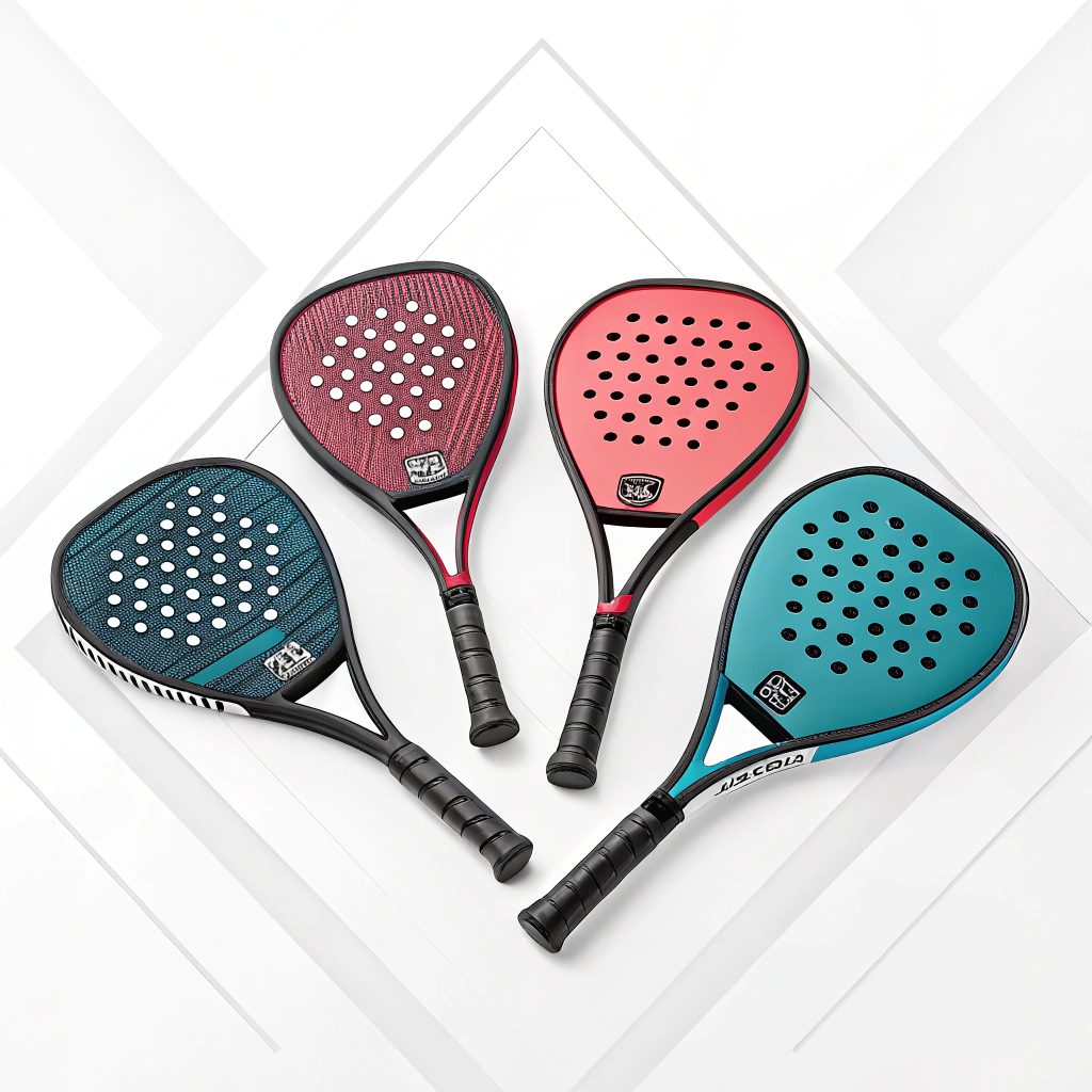 Minimalistic 2D illustration showcasing vibrant, innovative custom padel rackets in unique designs