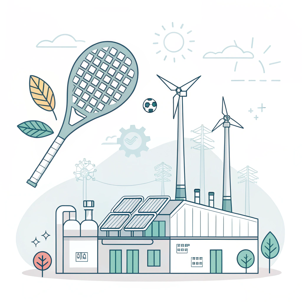 minimalist 2D depiction of eco-friendly padel racket production with renewable energy elements