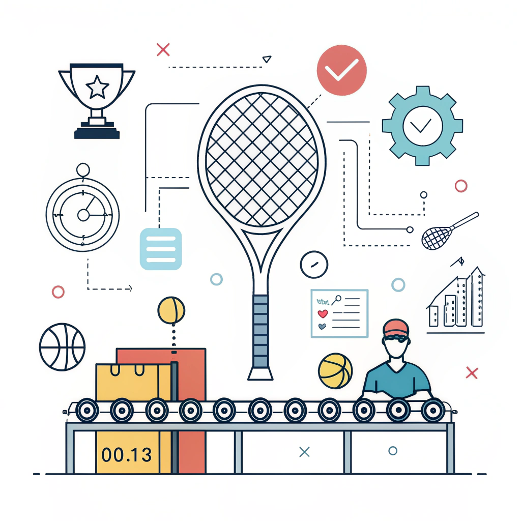 Minimal flat design showing advanced padel racket manufacturing with quality control icons.