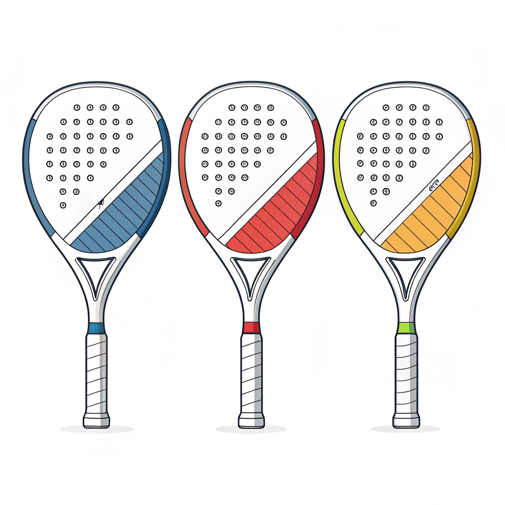 Minimal illustration of customizable padel racket shapes with innovative handle design and color accents.