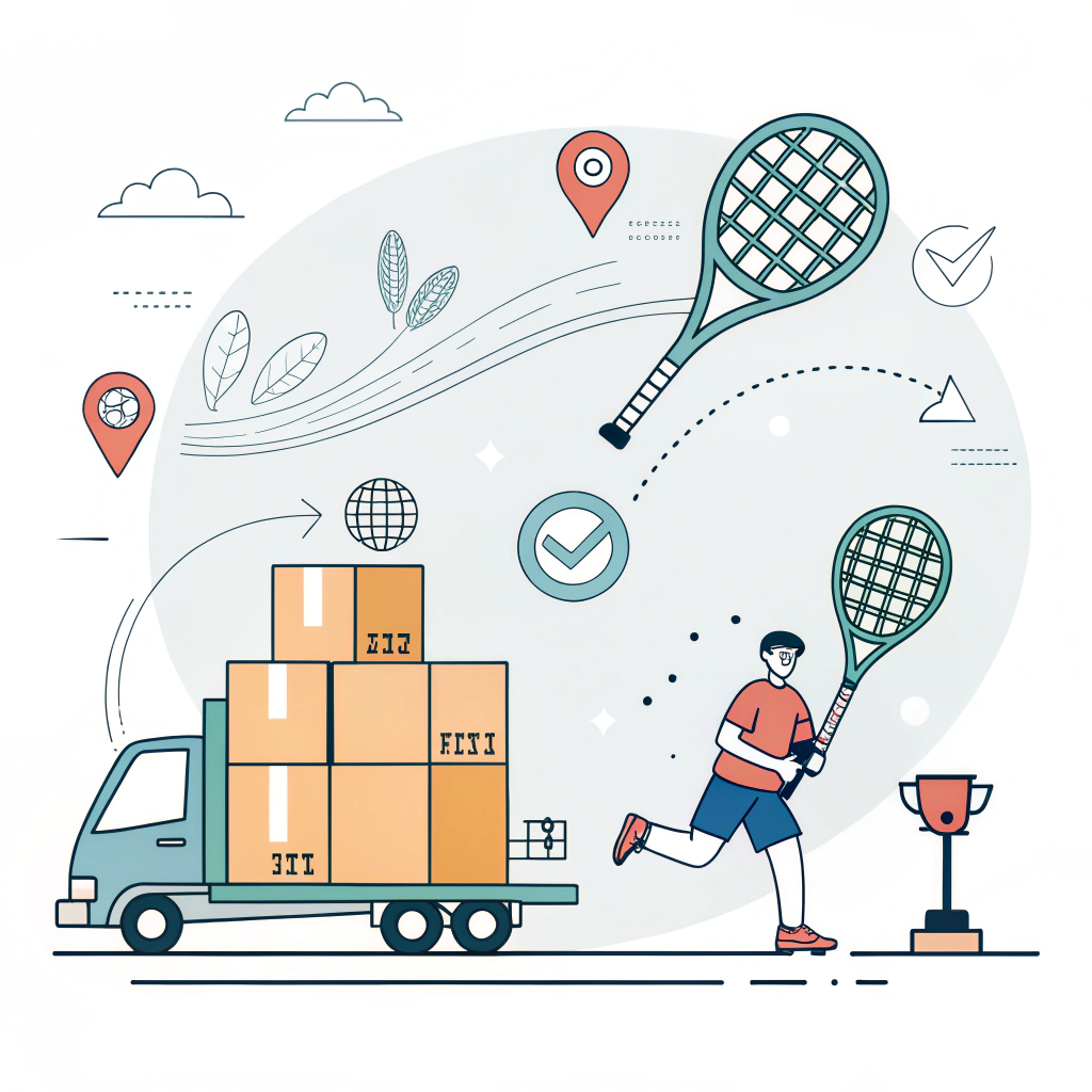 "Flat minimalist illustration of padel rackets and supply chain delivery icons"