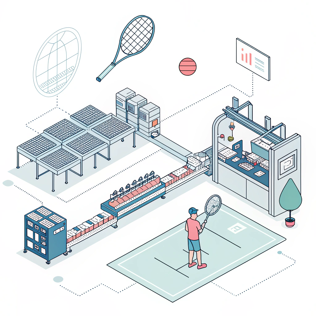 Flat style illustration of digital design and automated production for padel rackets.