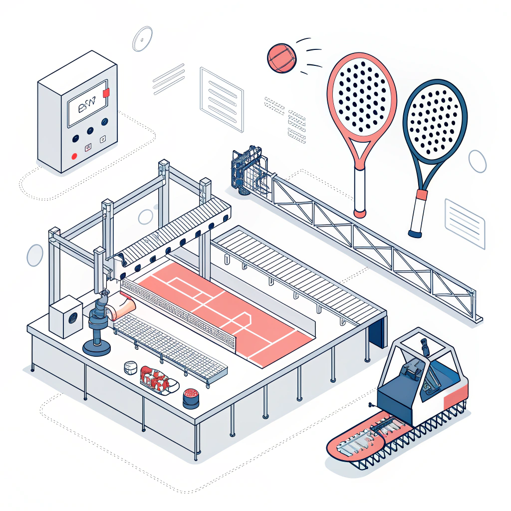 Minimalist 2D illustration of high-tech padel racket material production system.
