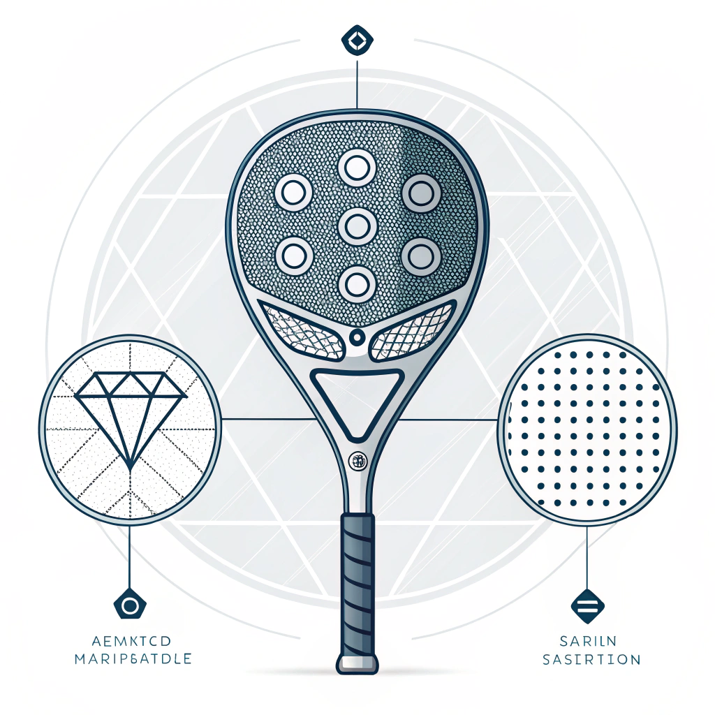Minimalist 2D illustration of futuristic padel racket shapes with advanced technical details.