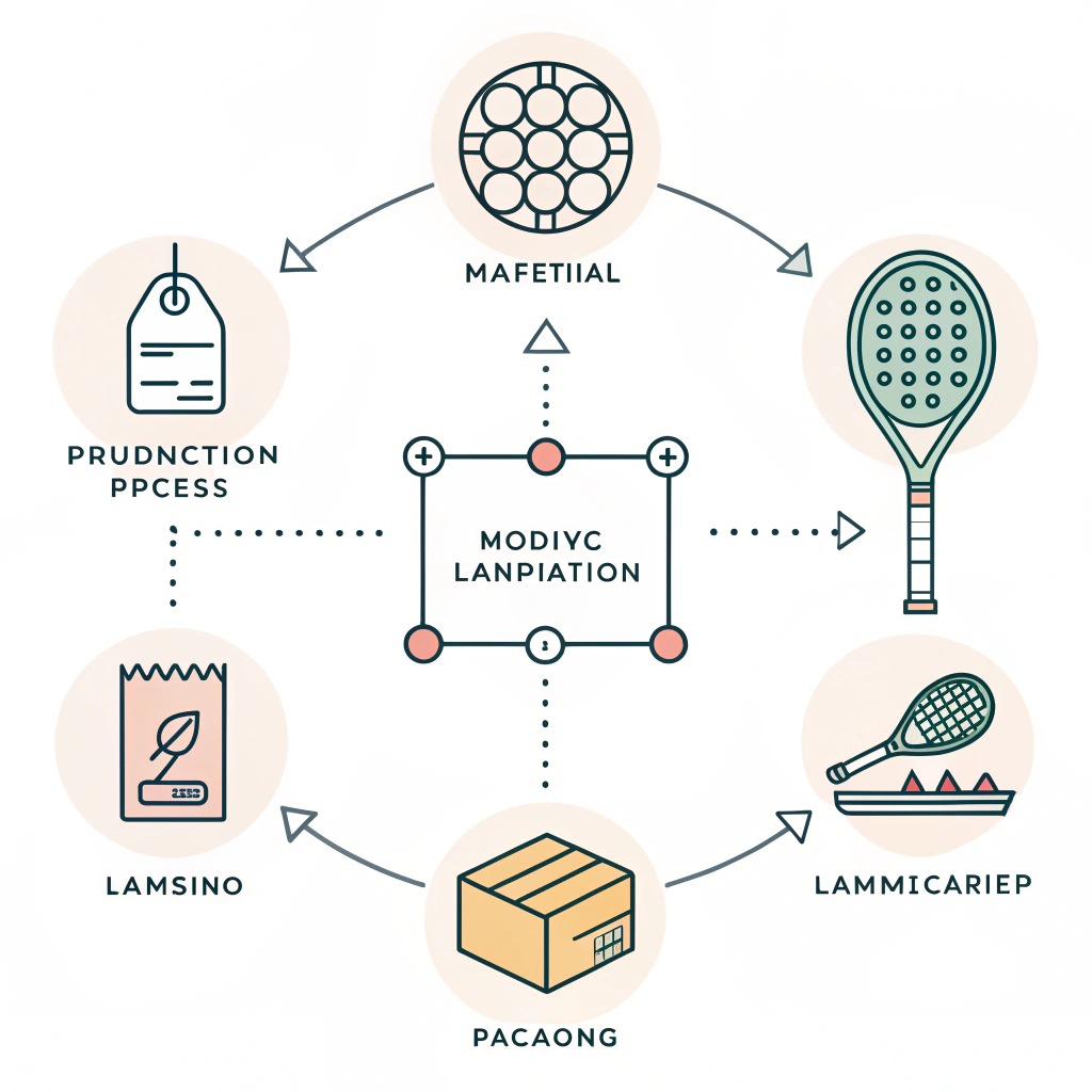 Minimalistic flowchart icons depicting the padel racket manufacturing process
