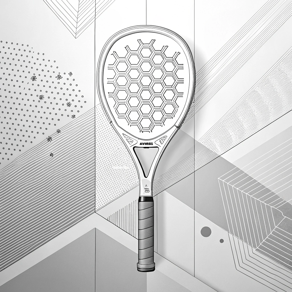 Minimalist illustration of a futuristic padel racket with abstract production elements and advanced material motifs.