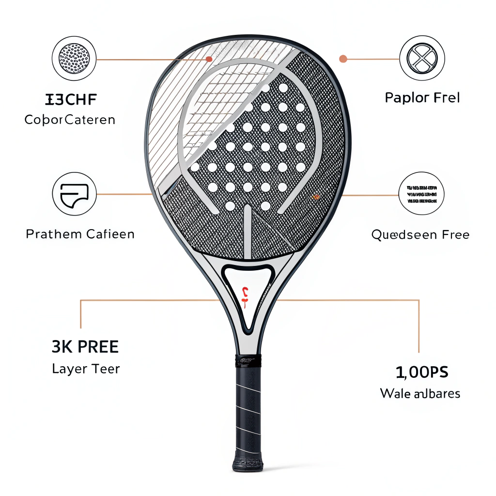 A clean 2D illustration of a padel racket showcasing layered carbon fiber structures in a minimalist style.