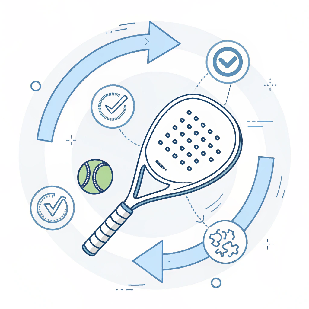Minimal flat illustration of a padel racket in motion with abstract iterative testing elements.