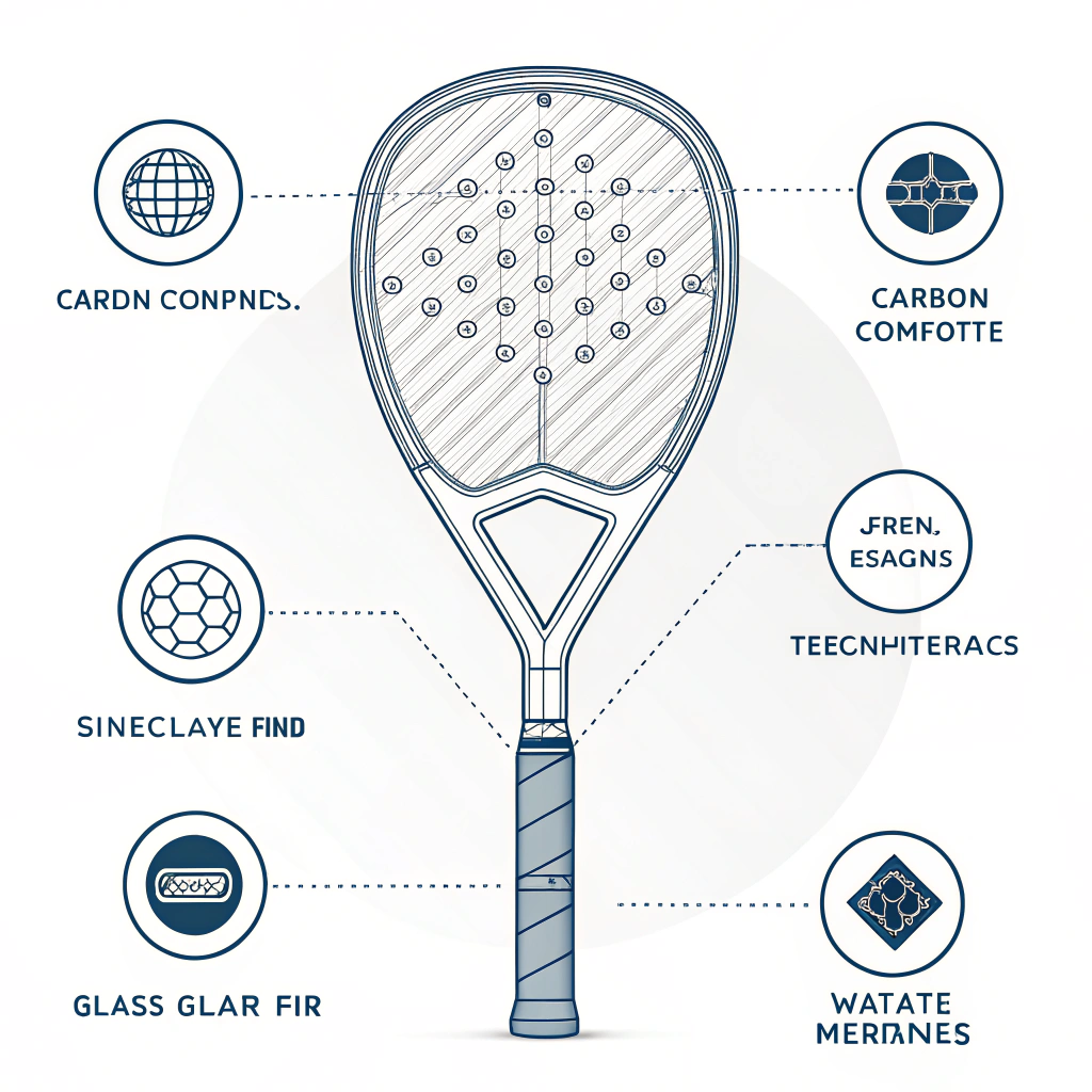 A flat design illustration presenting a padel racket handle with technical and blueprint elements in a minimalist style.