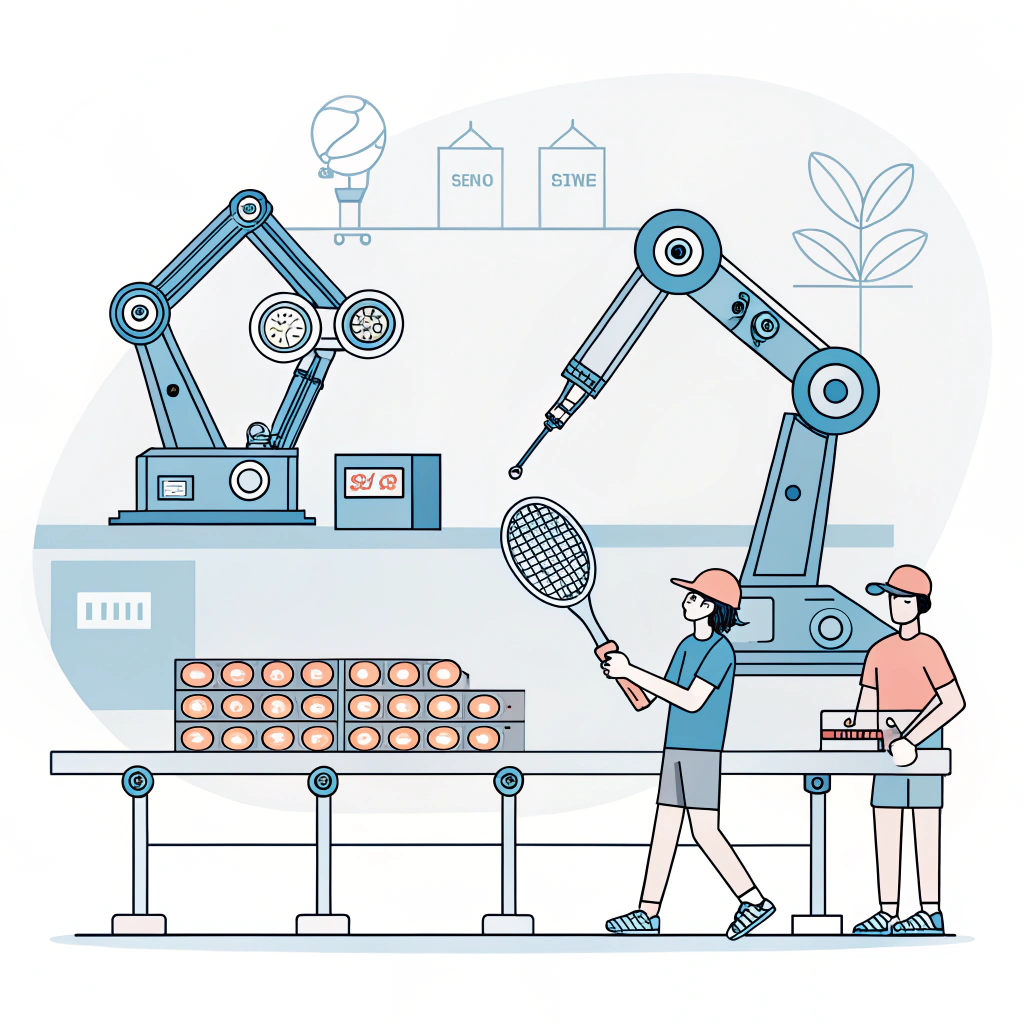Minimal 2D illustration of advanced production and logistics for padel rackets.