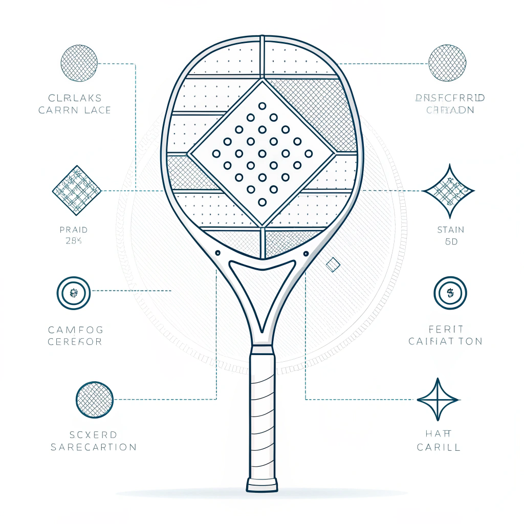 Minimal flat 2D illustration of a futuristic padel racket showcasing layered materials and abstract design details.