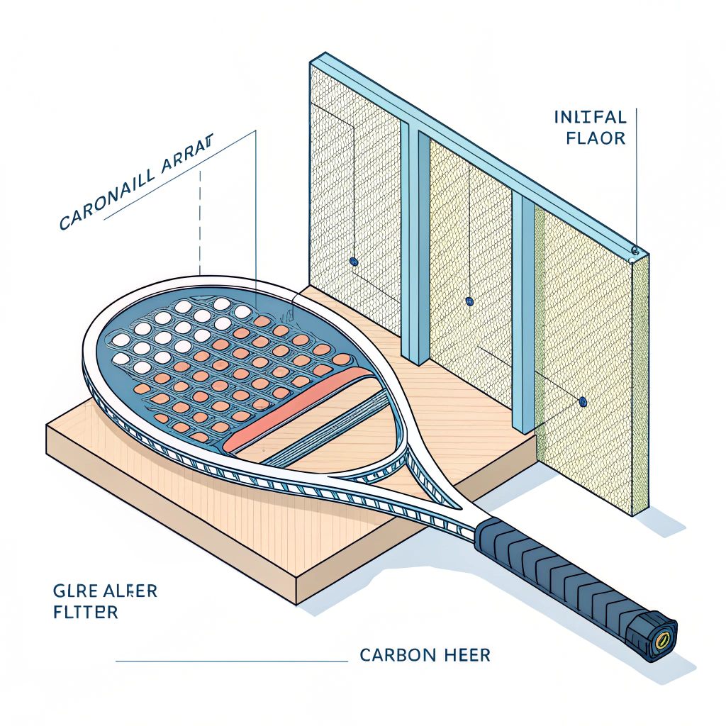 Minimal 2D illustration showing contrasting glass fiber and carbon fiber structures in a padel racket frame