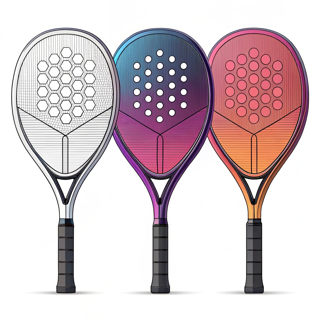 Simplified 2D illustration of futuristic padel rackets with abstract carbon fiber textures
