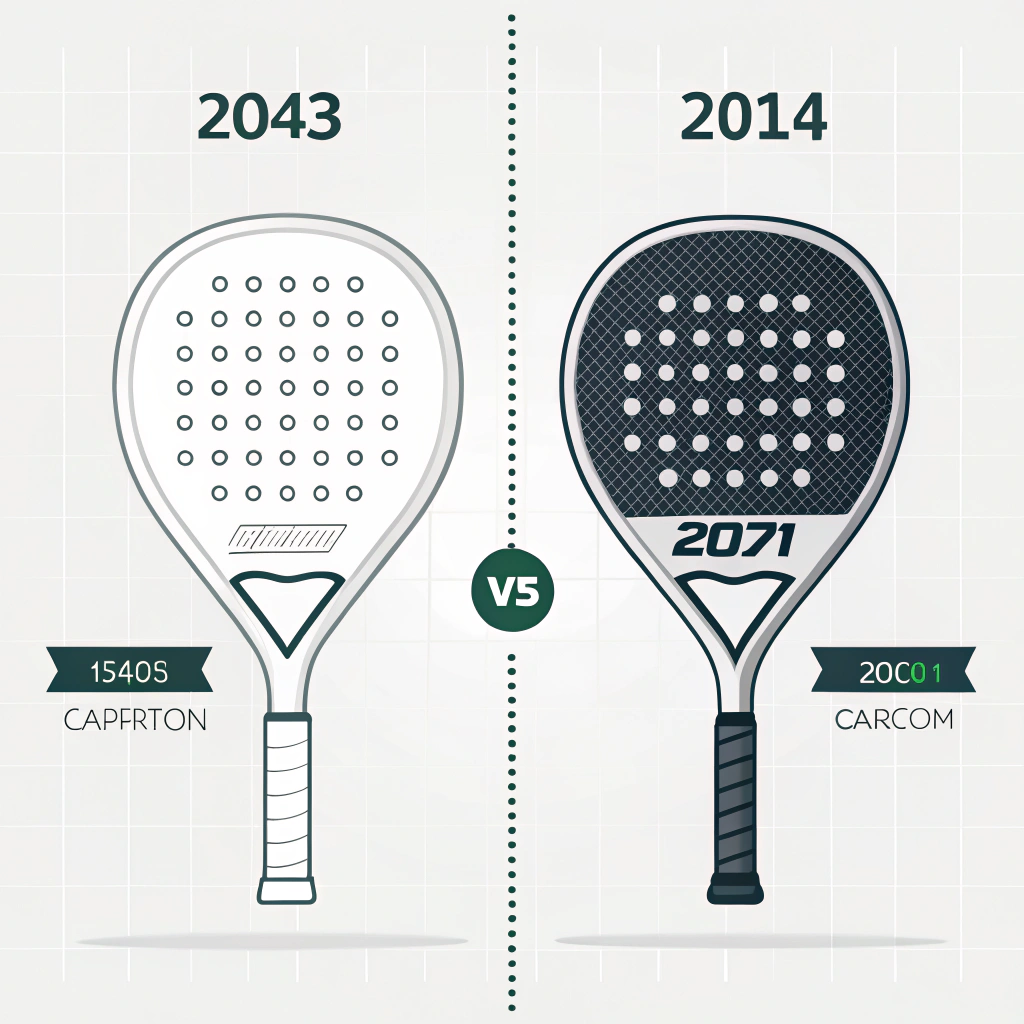 Minimalist 2D comparison of traditional and carbon fiber padel rackets displayed side by side.