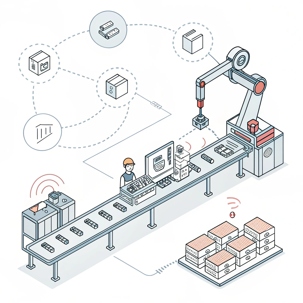 Minimalist 2D depiction of an automated production line for padel rackets.