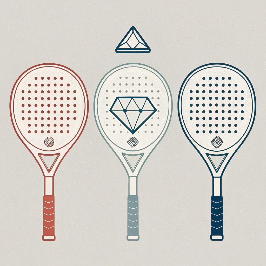 Minimal 2D vector illustration of three padel racket shapes in a clean, modern style.