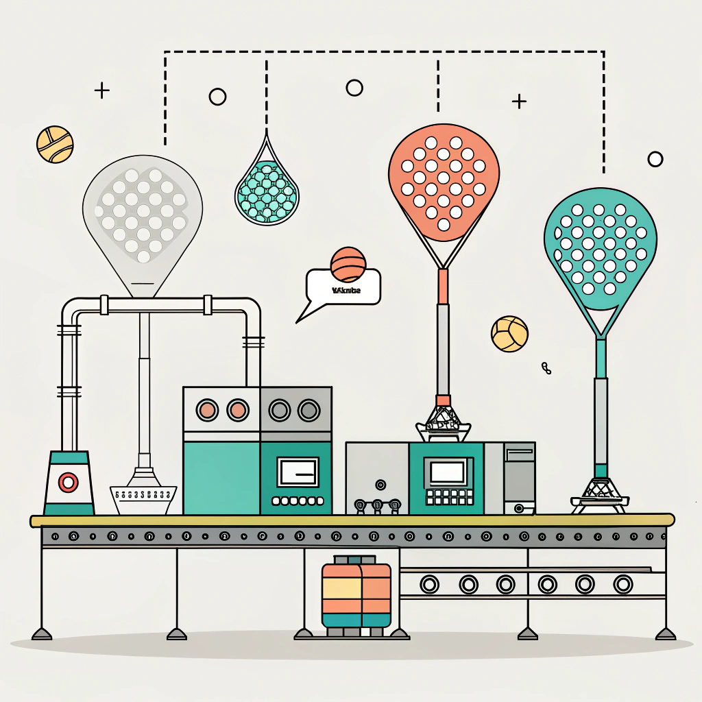 Minimalist flat illustration showcasing advanced padel racket production techniques