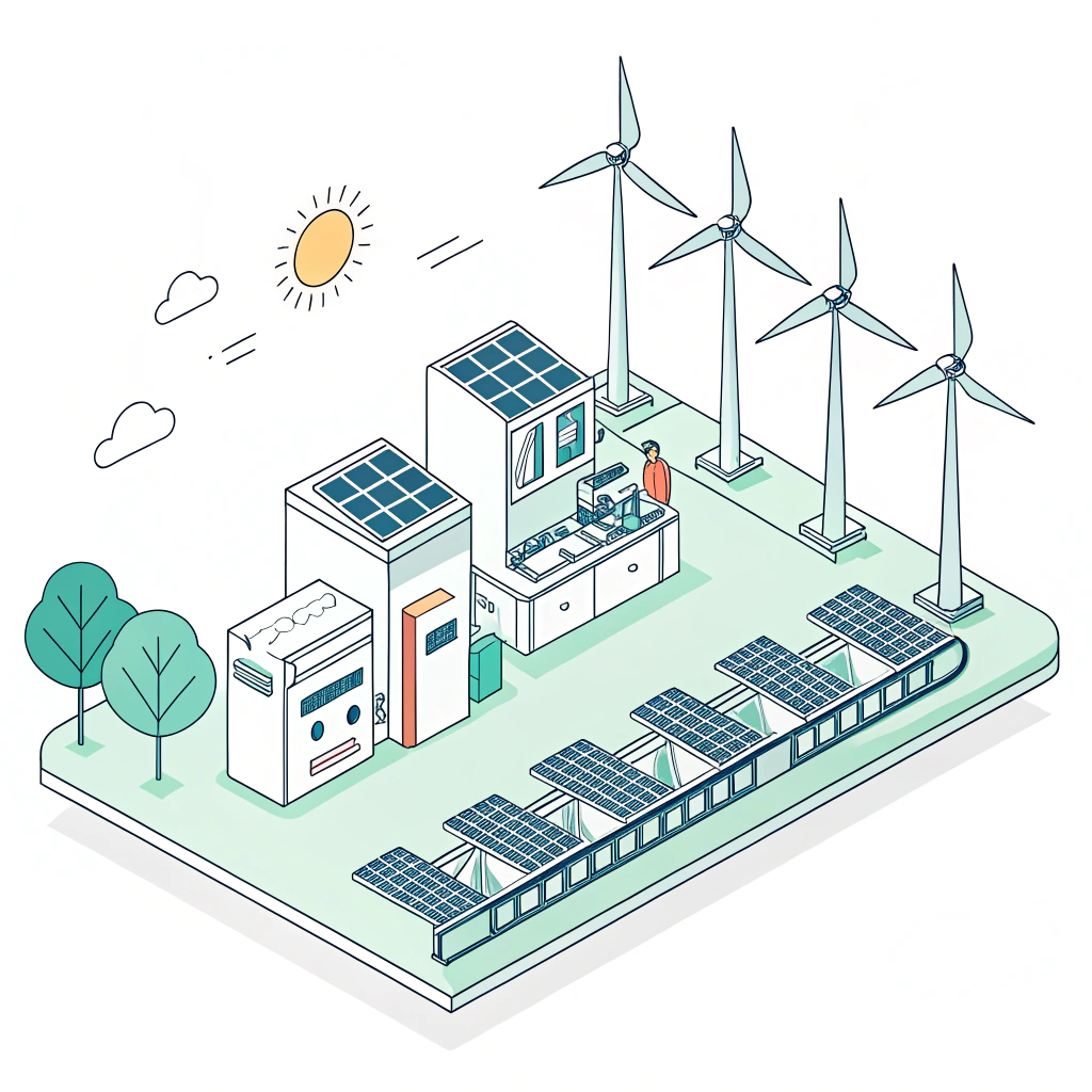 2D illustration showing eco-friendly padel racket manufacturing with renewable energy elements