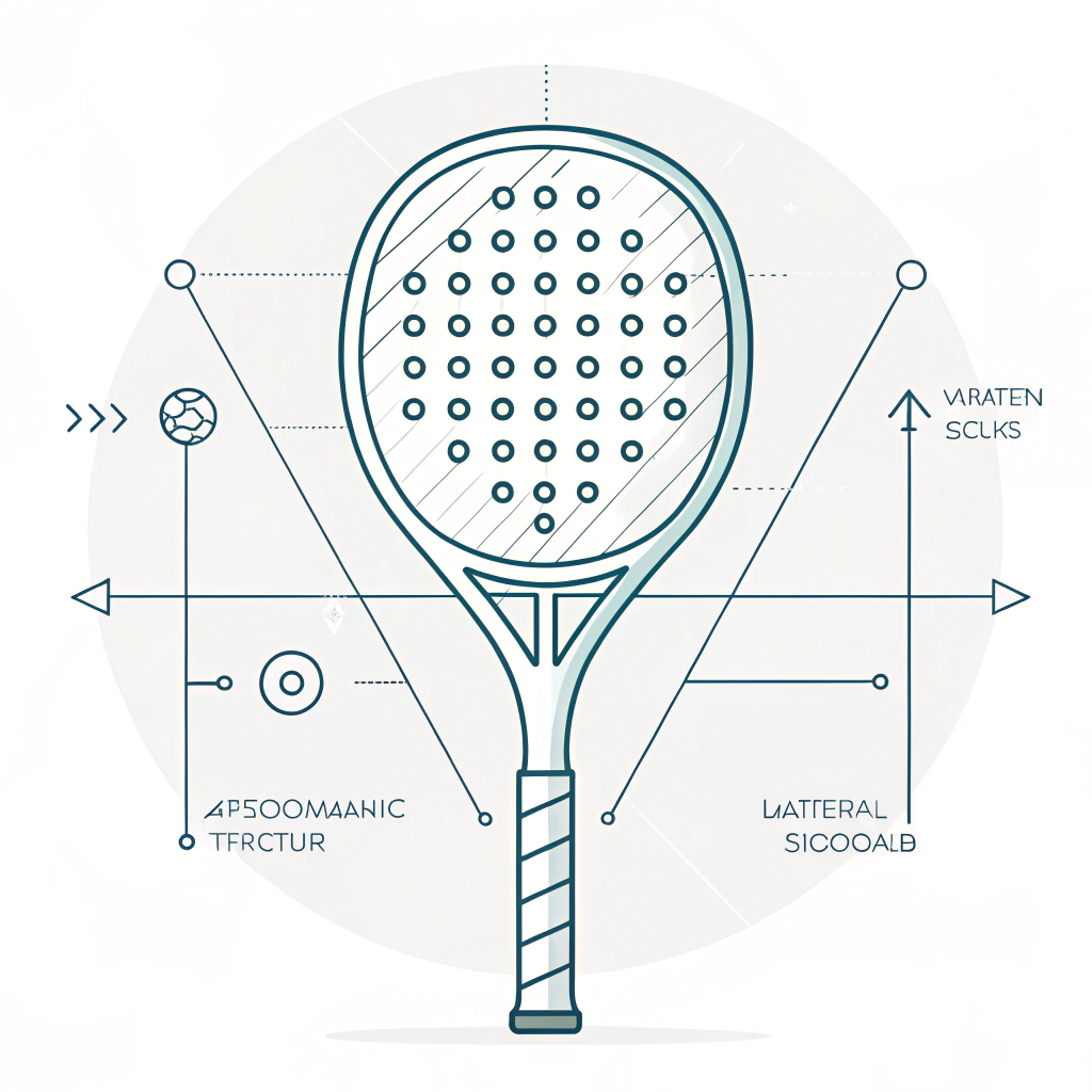 Minimal flat design of a padel racket showing design challenges and technical details