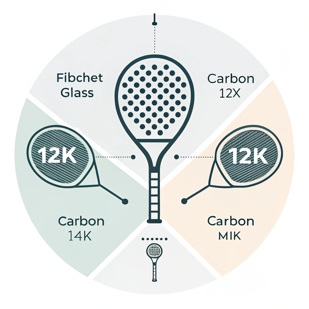 Minimal infographic with abstract icons representing padel racket materials.