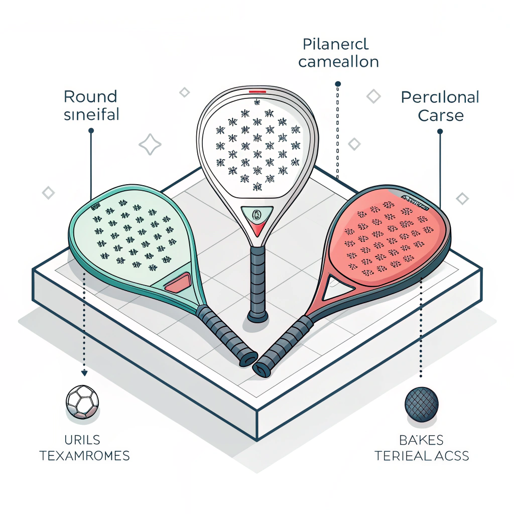 2D flat minimal illustration of advanced padel rackets with carbon fiber and geometric design details