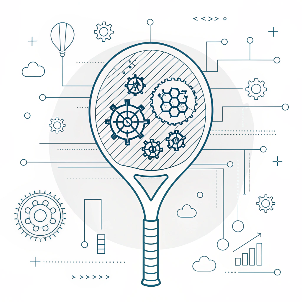 Minimalistic padel racket with engineering icons symbolizing design optimization and precise manufacturing.
